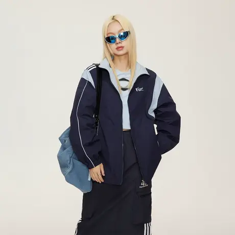 复古拼接运动外套女春秋2023年新款潮牌宽松oversize教练夹克上衣商品大图