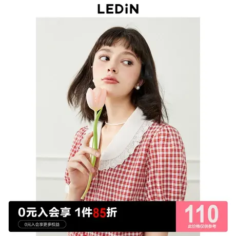 乐町法式花边领上衣2023夏季新款女装红格纹娃娃领乖巧短袖衬衫图片