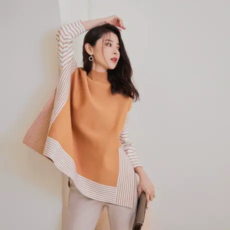 桔熊秋冬季保暖条纹针织衫立领下摆开衩不规则毛衣女大码FA2572图片