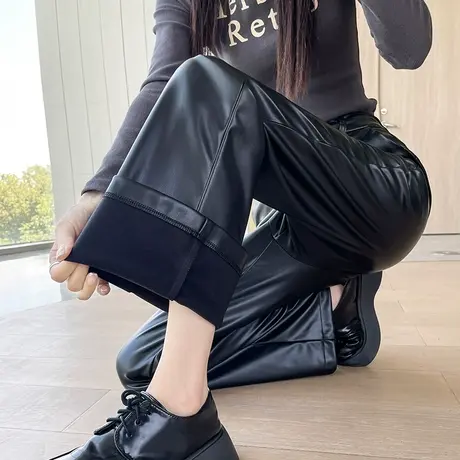 黑色直筒pu皮裤秋冬季新款2023新款高腰显瘦阔腿休闲拖地阔腿西裤商品大图