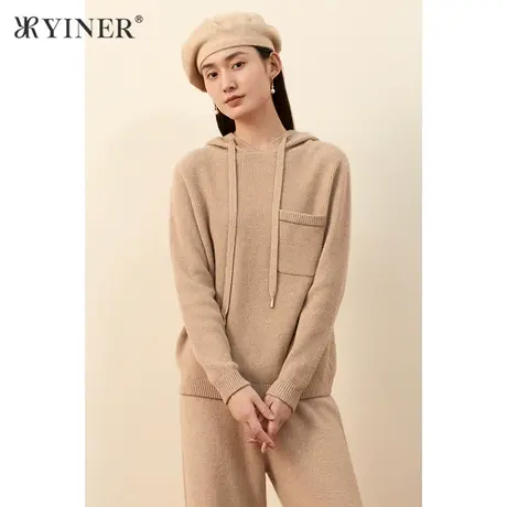 YINER音儿女装冬季新款抽绳连帽纯羊绒针织衫商品大图