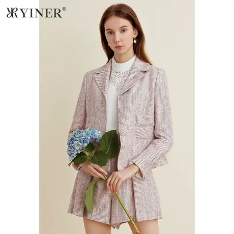 YINER音儿女装2021春季新款气质宽松格子短外套商品大图