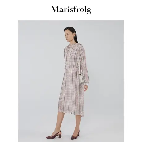 【言选好物】玛丝菲尔桑蚕丝春季新款粉色格子重磅连衣裙商品大图