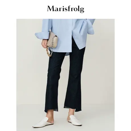 【复古微喇】玛丝菲尔春季新款中腰蓝色牛仔休闲喇叭裤裤子女图片