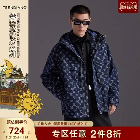 TRENDIANO官方男装秋冬季新款字母提花连帽牛仔夹克外套男士商品大图