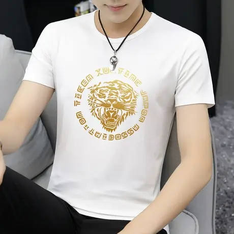 莫代尔白色t恤男短袖夏季潮牌烫金老虎头体恤冰丝冰感半袖上衣服图片