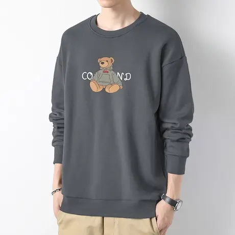 秋季卫衣男2023新款潮牌小熊印花无帽上衣春秋款加绒圆领长袖t恤商品大图