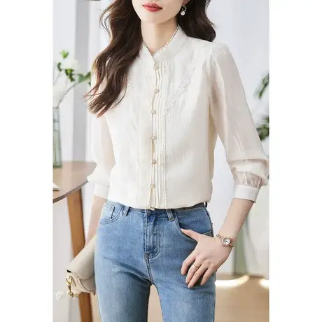 时尚气质淑女花边衬衫2023年春季新款温柔甜美显瘦立领长袖上衣商品大图