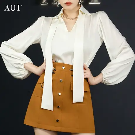 AUI白色高端缎面衬衫女2023早春新款系带衬衣泡泡袖御姐气质上衣图片
