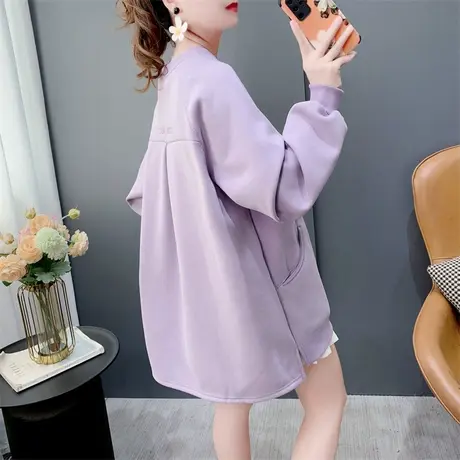 韩系宽松大码圆领加绒卫衣女秋冬新款洋气减龄百搭设计感上衣外套商品大图