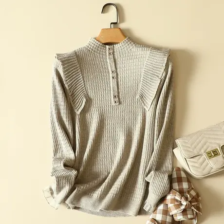 春装新款半高领纽扣针织衫蕾丝花边套头毛衣女洋气显瘦打底衫上衣商品大图