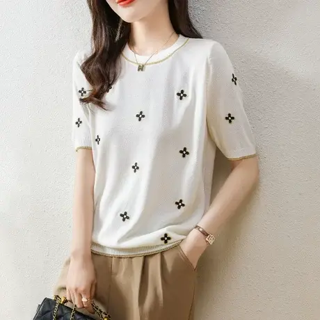 夏季宽松t恤2023新款夏装韩版女士短袖刺绣上衣百搭亮丝针织衫图片