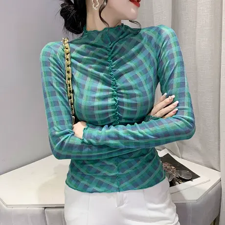 欧货气质网纱打底衫女春秋2024新款洋气木耳边上衣撞色T恤长袖ins商品大图