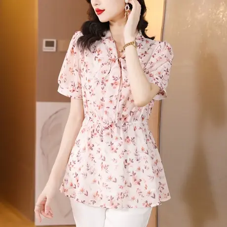 女士小衫夏季新款收腰显瘦V领洋气妈妈上衣短袖印花好看的雪纺衫图片