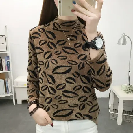 天鹅绒2023年新款秋冬季半高领加厚豹纹毛衣打底衫女士内搭洋气女商品大图