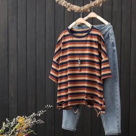 宽松大码纯棉条纹短袖T恤女夏季2023新款休闲百搭破洞体恤衫上衣图片
