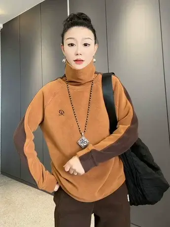 欧货高领奥粒绒卫衣女2023新款撞色洋气显瘦加绒保暖长袖打底衫潮图片