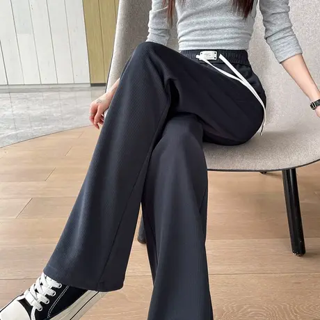 灰色松紧腰窄版阔腿裤女春秋新款高腰垂感慵懒针织休闲直筒拖地裤商品大图