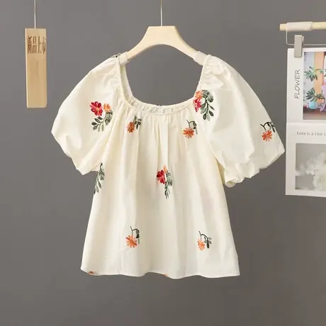 小个子上衣女短款刺绣一字肩夏季短袖露肩装洋气娃娃衫设计感衬衫商品大图