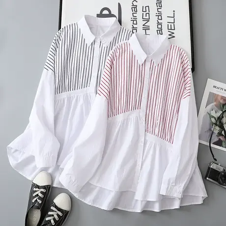 韩版条纹拼接不规则衬衫女2022年秋季新款百搭气质外套上衣潮衬衣商品大图