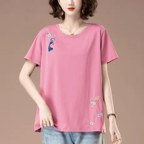 圆领纯棉短袖t恤女夏季加肥加大码女装宽松中年妈妈刺绣打底上衣商品大图