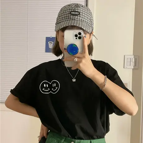 红续~港风笑脸潮牌2023新款韩版闺蜜装宽松慵懒风盐系纯棉短袖T恤图片