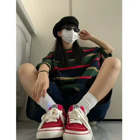 美式复古条纹短袖t恤女夏季新款设计感小众宽松圆领休闲半袖上衣商品大图