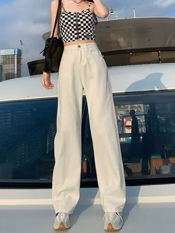 清仓捡漏米白色阔腿牛仔裤女夏季2023新款小个子直筒垂感拖地裤图片