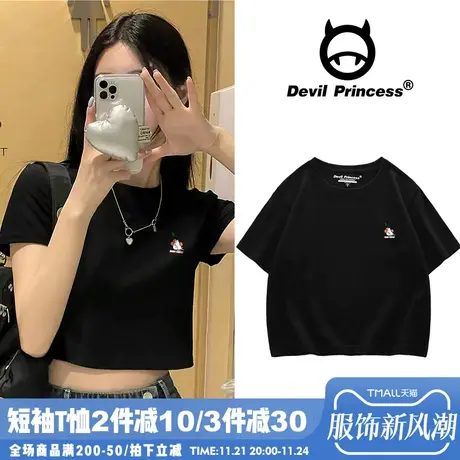 ins韩系卡通印花短款黑色T恤女夏季韩版小众设计感纯棉短袖上衣潮图片