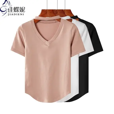 早秋新款韩版纯白V领修身纯色燕尾摆纯欲短袖体恤上衣内搭打底女商品大图