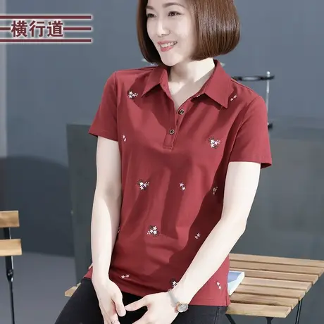 翻领绣花短袖t恤女修身中年妈妈夏装2025新款衬衫领半袖百搭上衣商品大图