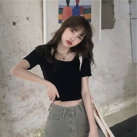 ins方领内搭短款bm打底衫上衣女夏季2024新款黑色百搭修身短袖T恤商品大图