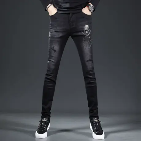 高端破洞牛仔裤男2023新款秋季修身小脚烫钻潮牌青年男士长裤厚款商品大图