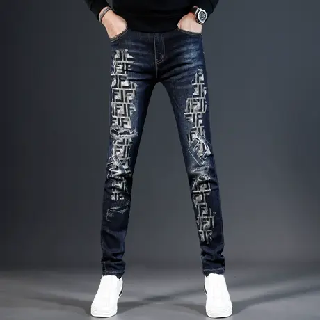 高端牛仔裤男秋冬新款潮流时尚印花男士弹力修身小脚休闲百搭裤子商品大图