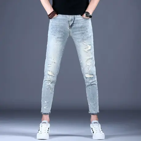 复古做旧涂鸦破洞九分牛仔裤男款秋冬潮流裤子男修身小脚弹力百搭商品大图