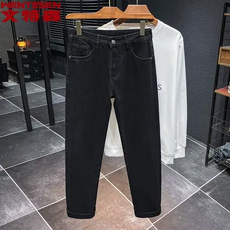 春秋季新款韩版时尚潮流牛仔裤男黑色百搭小直筒长裤子潮牌男裤图片