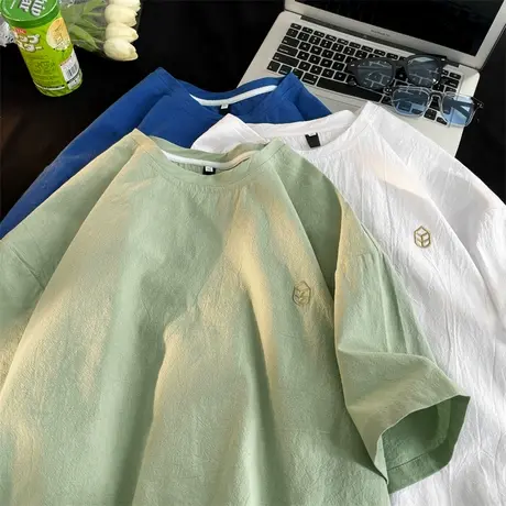 亚麻冰丝短袖男装夏季刺绣t恤oversize潮流百搭ins情侣宽松半截袖商品大图