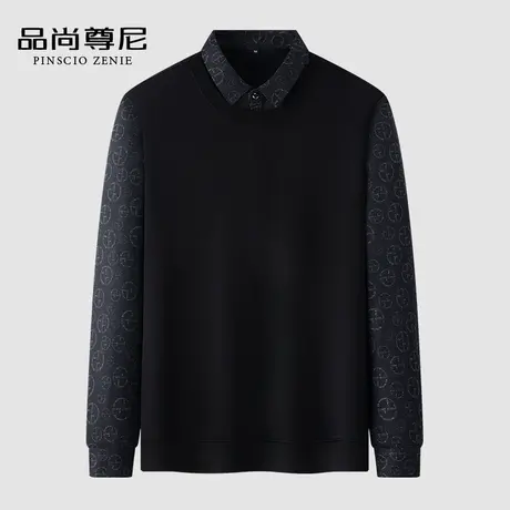 【舒适亲肤】中老年男装爸爸秋装双领复古风假两件长袖T恤爷爷装商品大图