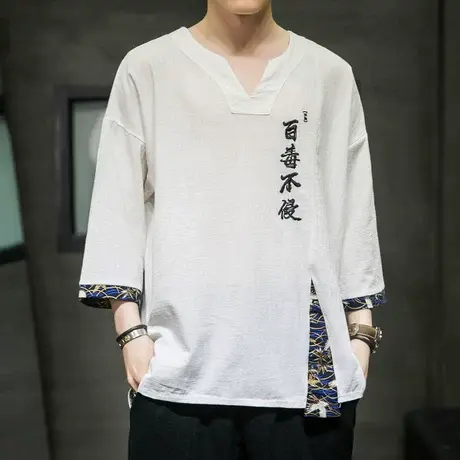夏季中国风刺绣汉字男短袖t恤复古五分袖男装宽松上衣服休闲体恤商品大图
