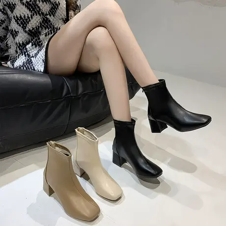 2024年秋冬季新款百搭网红高跟中跟粗跟白色短靴瘦瘦靴子女中筒靴商品大图