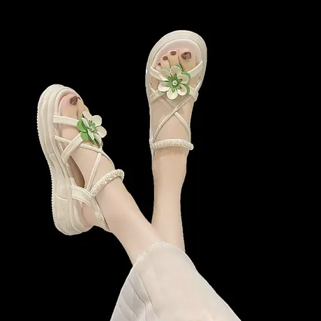 一字带凉鞋女2024新款夏季厚底花朵松糕底踩屎感中跟仙女风罗马鞋商品大图