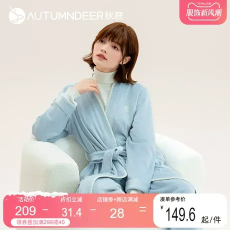 秋鹿纯棉海岛绒女士睡衣冬季加绒加厚睡袍家居服秋冬季长袍中长款商品大图
