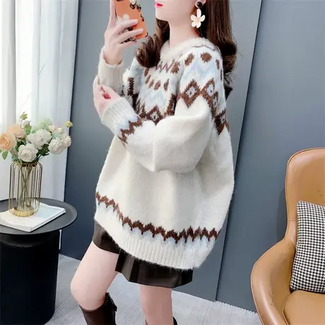 复古提花森系软糯圆领毛衣女2023年秋冬新款宽松洋气减龄红色上衣图片