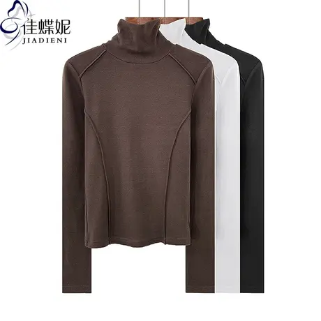 秋冬新款韩版高领修身显瘦纯棉纯色压线拼接长袖体恤上衣女打底衫商品大图