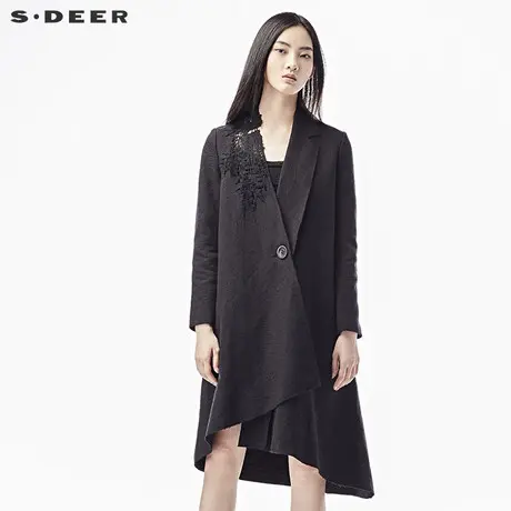 sdeer圣迪奥2018秋装潮酷黑毛边斜摆绣花西装长款外套女S17381832😑图片