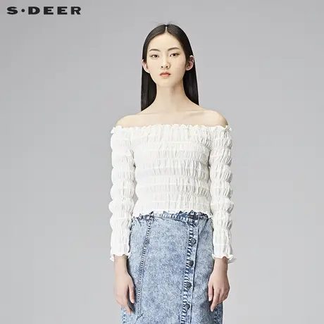 sdeer圣迪奥2018秋装休闲一字领弹力性感露肩长袖衬衫女S18180501图片