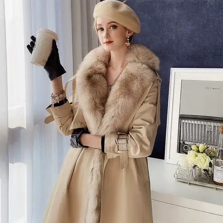 【直播】粉红大布娃娃气质收腰风衣式派克服翻边狐狸毛领皮草冬季图片