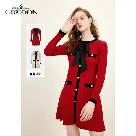 【秋上新】missCOCOON法式小香风针织连衣裙23秋季撞色收腰A字裙图片