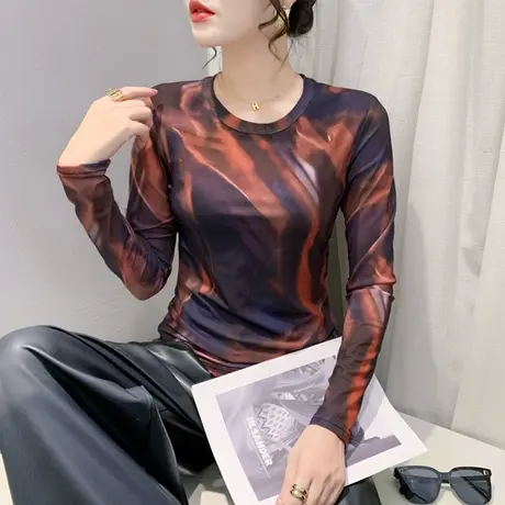 欧货薄款网纱防晒衫女长袖2024秋装新款扎染印花上衣气质修身T恤商品大图