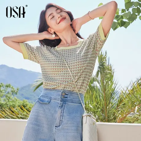 OSA欧莎小香风方领短袖针织衫女夏季2022年新款薄款显瘦提花上衣商品大图